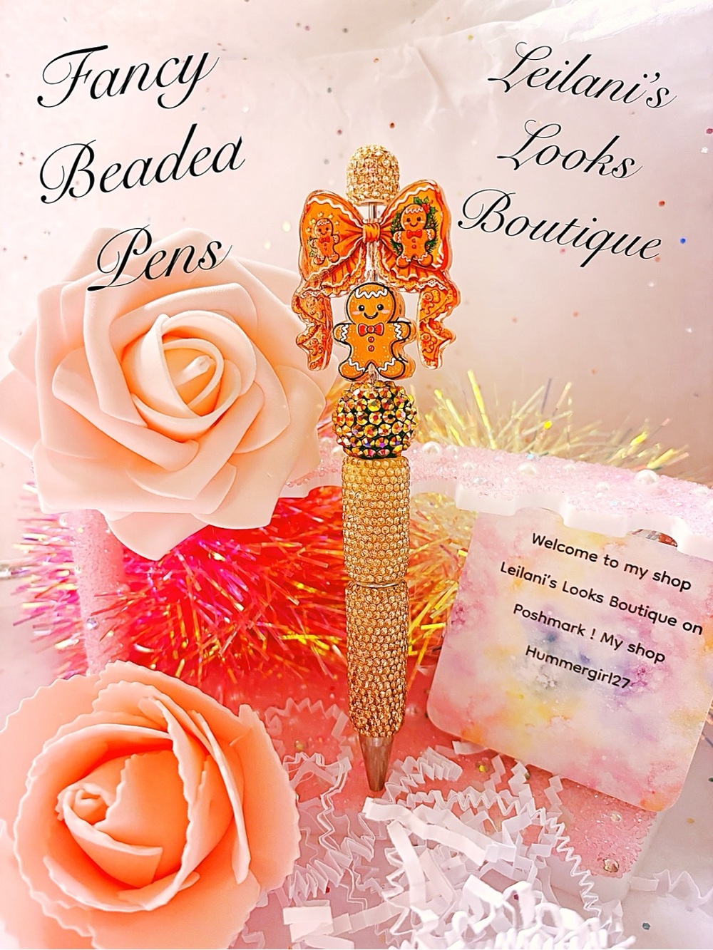 Gingerbread man beaded pen with gingerbread man and bow design